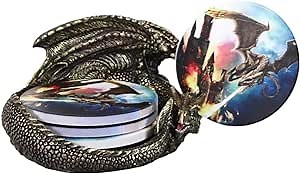 Ebros Gift Golden Ancient Smaug Dragon in Hibernation Fantasy Coaster Set Figurine Holder with Four Round Fire Breathing Drake Image Sublimation Tile Coasters Medieval Dungeons and Dragons