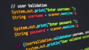 Colorful code scrolling animation, developer is writing program lines in Java language suitable for footage about creating application software.