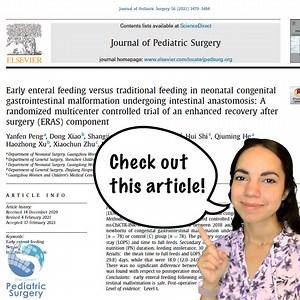 16 reactions | "Early enteral feeding versus traditional feeding in neonatal congenital gastrointestinal malformation undergoing intestinal anastomosis: A randomized multicenter controlled trial of an enhanced recovery after surgery (ERAS) component." Peng et al. Full article: https://www.jpedsurg.org/article/S0022-3468(21)00209-8/fulltext Video cred: Ellen Encisco, Zach Korb #some4pedsurg #pediatricsurgery #jpedsurg | Journal of Pediatric Surgery | Facebook