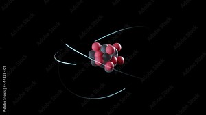 Standard model of atom on black background, atomic nucleus consisting of protons and neutrons and electrons orbiting around. Particle physics