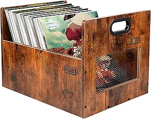 Alyoen Vinyl Record Storage Box, Album Holder, Vintage Wood Lp Crate with Handle for Book, File, CD