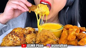 ASMR Phan on Instagram: "ASMR EATING SOUNDS. Fried Chicken VS Rotisserie Chicken! Plus a side of Crispy Potato Wedges and Cheese Sauce!! Recipe for the cheese sauce is on my family channel “Mini Phan Club” @miniphanclub . . . . . . . . . . . #asmr #asmreating #jojos #asmrcommunity #mukbang #friedchicken #fastfood #popeyes #onionrings #rotisseriechicken #chickentenders #chickenwings #cheese #kfc #asmrvideo #eatingshow #mukbangasmr #crunchy #tasty #pnw #potatowedges #satisfying #satisfyingvideos #