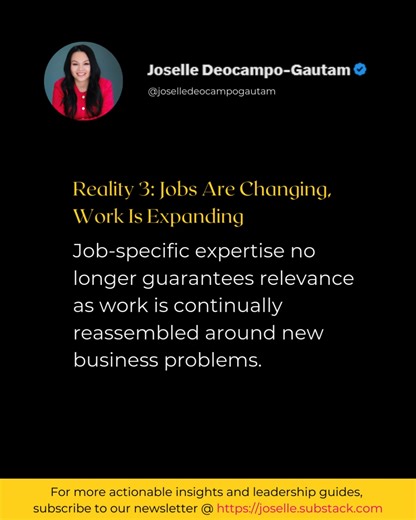 Hierarchies Are Flattening Hierarchies aren’t disappearing. They’re thinning. Strategic decisions are moving closer to execution. The result? Less room for oversight. More need for clarity and action. Managers who coordinate? Less relevant. Leaders who create clarity and align action? Essential. 📌 Influence in 2026 isn’t about title. It’s about traction. 👉 Read the full article: https://joselle.substack.com/p/3-realities-that-define-work-in-2026 👉 Navigating a bold career move or leading tran