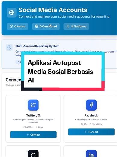 APLIKASI AUTOPOST MEDIA SOSIAL BERBASIS AI (SMART AI SOCIAL POSTER) OVERVIEW Sistem manajemen dan autoposting media sosial berbasis Artificial Intelligence untuk membuat, menjadwalkan, dan mempublikasikan konten otomatis ke berbagai platform dalam satu dashboard terintegrasi. ==================================================== PLATFORM TERINTEGRASI - Instagram (Feed, Reels, Story) - Facebook (Page & Group) - TikTok (Video & Caption AI) - YouTube (Shorts & Community Post) - X (Thread & Auto Twee