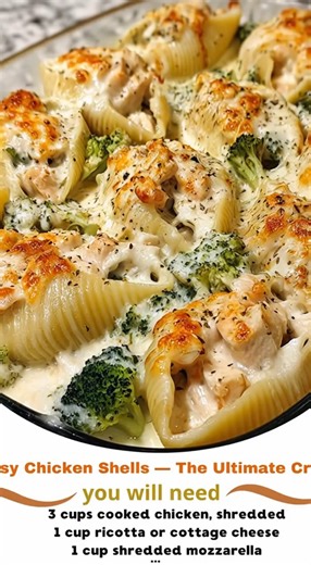 🧀🍗 Cheesy Chicken Shells 🍗🧀 Ingredients: For the Pasta Shells: 20 jumbo pasta shells 2 cups cooked chicken, shredded 1 cup ricotta cheese 1 cup shredded mozzarella cheese 1/2 cup grated Parmesan cheese 1 large egg 1 teaspoon garlic powder 1 teaspoon onion powder 1/2 teaspoon dried Italian seasoning Salt and pepper to taste For the Cheese Sauce: 2 tablespoons unsalted butter 2 tablespoons all-purpose flour 1 ½ cups milk (preferably whole milk) 1 cup shredded sharp cheddar cheese Salt and pepp