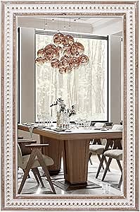 Rectangle Mirror Wooden Bathroom Mirrors - 35x23'' Boho Rectangular Mirrors for Wall Rustic Farmhouse Decorative Mirrors for Bedroom, Living Room, Entryway - Vertical or Horizontal Hanging