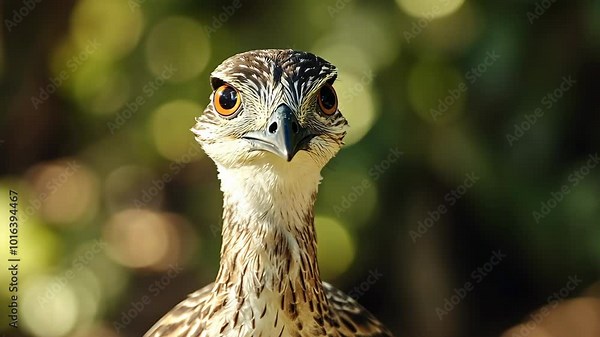 A crested serpent eagle stares directly at the camera with its bright, orange eyes in a forest setting