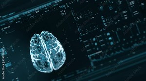 Perspective blue futuristic interface analyzing human brain anatomy and morphology. Medical profile of patient, brain lobes, neuron animation. Nerve impulses, EEG, electrical activity of the brain.