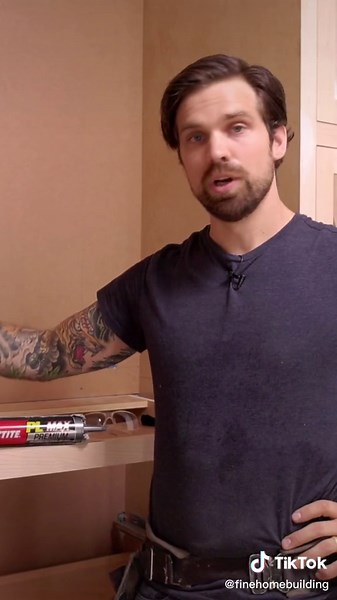 While working on a custom mudroom renovation that involves a bunch of built-ins, remodeler Tyler Grace uses @loctiteglue PL Premium MAX to guarantee a long-lasting installation for the cabinet end panels and walnut countertop. The roughly 6-ft. by 18-in. end panel that’s going on the side of the cabinet box needs a heavy duty, durable bond to keep it firmly in place and to avoid warping. PL Premium MAX has a 20-minute reposition time, giving the installer a window of time to tweak positioning, a