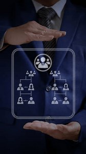 A business professional presents organization and management in a business plan. The loop animation illustrates company structure, leadership, team hierarchy, and roles.
