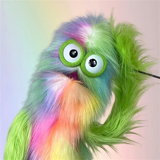 Tie-dye Rainbow Fur Mega Meep Puppet With Neon Green Fleece - Hand and Rod - Made-to-order - Etsy