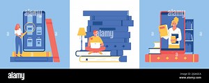 Online library design concept set of three square icons with people searching literature by smartphone app flat vector illustration Stock Vector Image & Art - Alamy