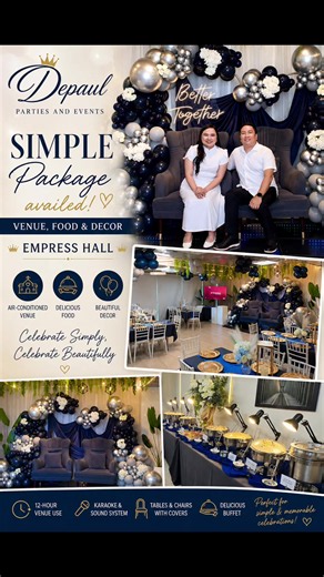 ✨ SIMPLE PACKAGE AVAILED! ✨ Celebrate your special moments without the stress! 💙✨ Our Simple Package at Empress Hall brings together everything you need for a beautiful and memorable celebration: 🏛️ Venue 🍽️ Delicious Food & Buffet 🎈 Beautiful Event Décor 🎤 Karaoke & Sound System 🪑 Tables & Chairs with Covers ❄️ Air-Conditioned Venue Perfect for birthdays, anniversaries, family gatherings, intimate celebrations & special occasions! 💙 Your celebration can be simple, elegant, and unforgetta