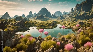 Serene Sunset Over A Mysterious Alien Landscape With Exotic Flora and Floating Islands Stock Video
