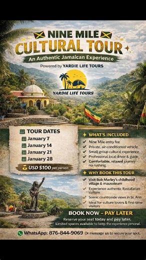 🇯🇲✨ Nine Mile Cultural Tour ✨🇯🇲 Experience the heart of Jamaica with a guided group tour to Nine Mile, the birthplace and final resting place of Bob Marley. Travel in comfort, learn authentic Jamaican culture, and enjoy a relaxed, meaningful experience. 📅 Jan 7 | 14 | 21 | 28 💰 USD $100 pp (entry included) 📲 Book now, pay later Comment NINE MILE or WhatsApp 876-844-9069 | Yardie Life Tours