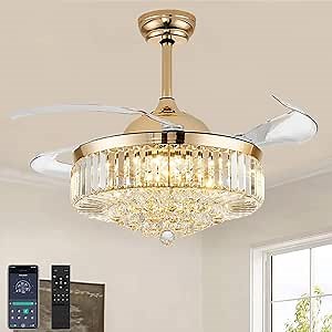 42 Inch Fandelier Ceiling Fan with Light, Chandelier Ceiling Fan for Bedroom Living Room, Dimmable, 6 Wind Speed. Reversible Motor, Memory Function-Gold