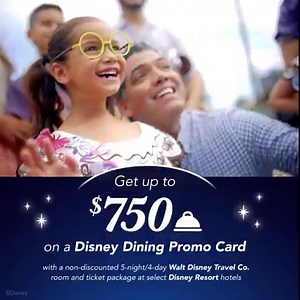Book by March 27 and get up to $750 for a Disney Dining Promo Card with a non-discounted 5-night/4-day room & ticket package at select Disney Resort hotels. | Walt Disney World