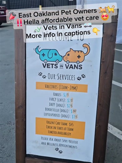 Just discovered this amazing nonprofit that provides veterinary care to low income households: @Vets in Vans 🩺🚐 📍Clinics are held in Alameda and San Francisco. 😿 My cat had blood in her urine and I couldn't afford an $800 bill from my regular vet. I went to Vets in Vans and was seen within 2 hours. Exam, urine test, ultrasound, and medications all came out to under $150! They also offer payment plans. Incredible service! I'm going to Vets in Vans now for our pet care. 💸 Also planning on don