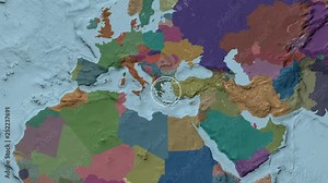 Greece area presented against the global administrative map in the Patterson Cylindrical projection with animated oblique transformation