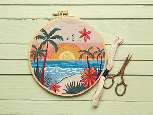 Tropical Sunset Beach Cross Stitch Pattern With Palm Trees, Ocean Waves, and Exotic Flowers - Etsy