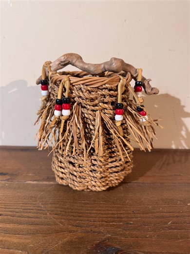 Handmade Native American Woven Basket With Wooden Handle & Beaded Fringe - Etsy