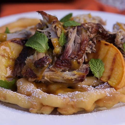 1.6M views · 17K reactions | Pork & Funnel Cake with Grilled Peaches *Recipe in the comments, inspired by tailgates at Clemson University! | Tastemade | Facebook