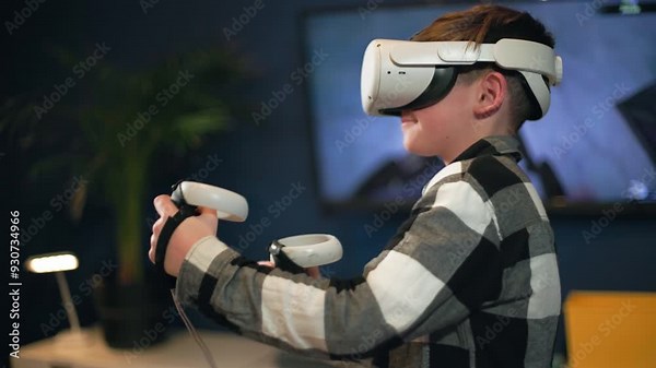 virtual entertainment for kids, male child in via glasses plays modern games with entertainment technology in children room