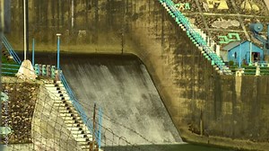 view of the hydroelectric dam. Dam water release, the excess capacity of the dam until spring-way overflows.