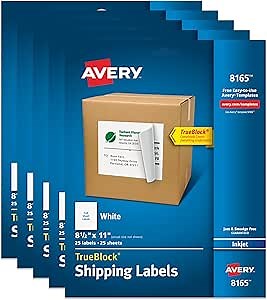 Avery Full-Sheet Printable Shipping Labels, 8.5" x 11" Customizable Stickers, White, 125 Blank Mailing Labels Total, Great for Mailing, Shipping, Organizing, and More (5-Pack of 8165)