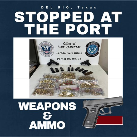 CBP officers at the Del Rio Port of Entry seized 2 weapons, 9 magazines, and 1,389 rounds of ammunition during outbound operations to Mexico. Each seizure represents a threat stopped and reinforces CBP’s commitment to public safety. #OFOproud🇺🇸 | CBP Office of Field Operations