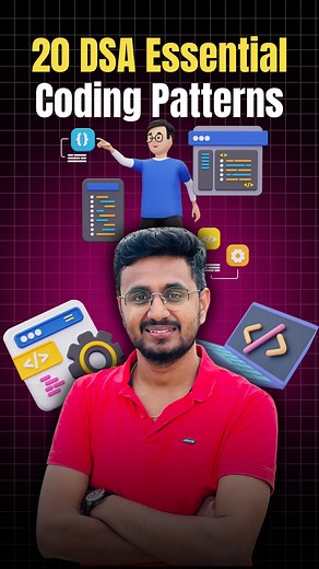 Santosh Mishra | Coding & Jobs on Instagram: "Unlock the secrets of Data Structures and Algorithms with these powerful patterns! 🌟 Once you grasp these, solving DSA problems becomes a breeze. Follow @codewithsantosh for more insights and tips. Here are 20 essential coding patterns you need to know: 1. ✌️ Two Pointers 2. 🏝️ Island (Matrix Traversal) 3. ⏩ Fast & Slow Pointers 4. 🚶‍♂️ Sliding Window 5. 📅 Merge Intervals 6. 🔄 Cyclic Sort 7. 🔙 In-place Reversal of a Linked List 8. 🌳 Tree Bread