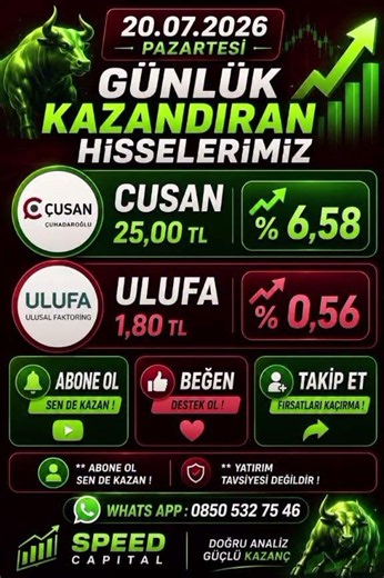 20 Temmuz'un Kazandıran Hisseleri! CUSAN Zirvede 🚀