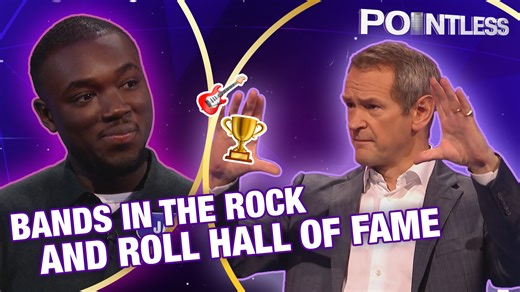 Contestants must guess bands that have been inducted into the Rock & Roll Hall of Fame. Plus they are challenged with flag trivia, literature trivia and music trivia. | Pointless