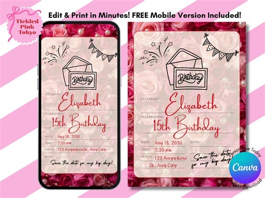 Pink Roses Pearls Birthday Invitation, Elegant Floral Template (digital Download) - Etsy