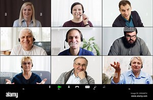 Webcam laptop screen view many faces of diverse people involved in group videoconference on-line meeting lead, team using video call app work solve Stock Photo - Alamy