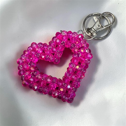 Pink Beaded Heart Keychain, Handmade Crystal Heart Bag Charm, Cute Girly Keychain, Sparkly Heart Accessory