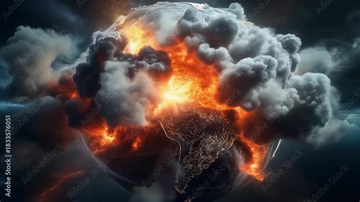 Catastrophic Earth Destruction Artwork, Dramatic Planet Explosion with Fire and Smoke