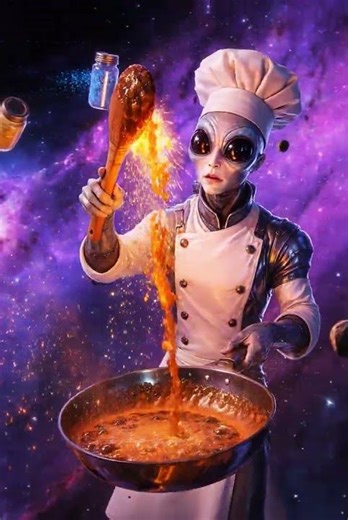 Alien chef cooking shooting stars 🍳✨ Would you taste cosmic cuisine? 👽🌌