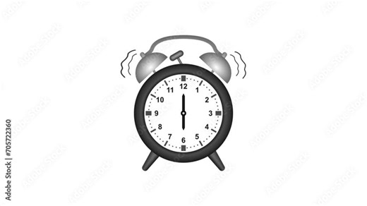 animated alarm clock ringing at 6 o'clock. animated analog clock alarm timer set to six o'clock. on transparent background, alpha channel.