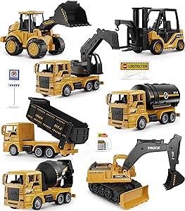 Geyiie Large Construction Trucks Toy Set, Construction Vehicles for Kids, 7 PCS Pull Back Engineering Cars with Excavator, Bulldozer, Dump, Cement Mixer, STEM Sand Toys Gifts for Boys Girls