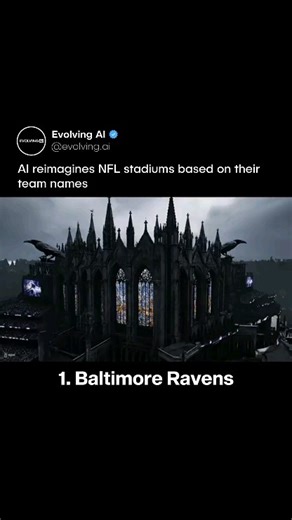 Evolving AI on Instagram: "What if NFL stadiums matched their team names? An AI creator reimagined each one with great detail. The Ravens play inside a black cathedral with stained glass and raven statues. The Buccaneers fight from a pirate fortress with a ship in the moat. The Cowboys have a Western arena topped with a massive cowboy hat. Stadiums like you’ve never seen before. Which other stadiums would be fun to see reimagined like this? Think NBA, MLB, or soccer? Lots of names that could tur