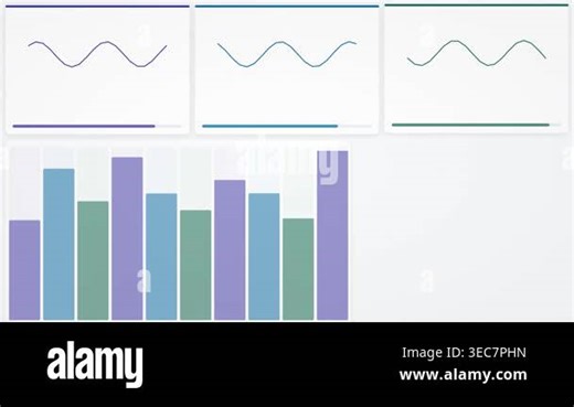Clean and modern business data visualization dashboard featuring blue and green line charts a bar graph and a donut chart over a light grey grid background for reporting and analysis Stock Video Footage - Alamy