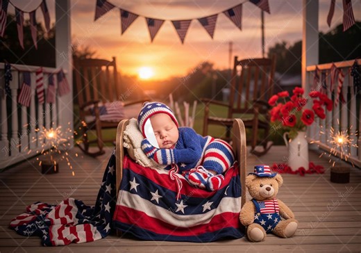 4th of July Newborn Digital Backdrop, Patriotic Baby Face Insert, Independence Day Porch Sunset, USA Composite Prop PSD - Etsy