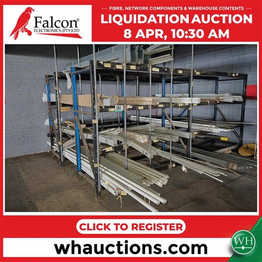 Liquidation Auction | Falcon Electronic (Pty) Ltd (Masters Ref:G1115/2024). Timed Online Auction of Fibre & Networking Products, Warehouse Contents & Workshop Tools. Register to bid now: https://bit.ly/4c3m1aO ⏳ Bidding ends: 8 April 2025, 10h30 📍 Viewing: 8 Simmonds Street, JHB - 7 April (9am - 3:30pm) For information, please contact: Sanet | sanets@wh.co.za | 0848305815 Vinolan | vinolanp@wh.co.za | 0842525000 WH Office | info@wh.co.za | 0115745700 | WH Auctions