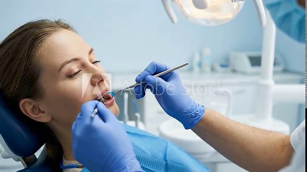 Woman in dental chair receiving treatment. Dentist uses tools for dental checkup in clean clinic setting with bright colors. Concept of dental care, oral health, patient services