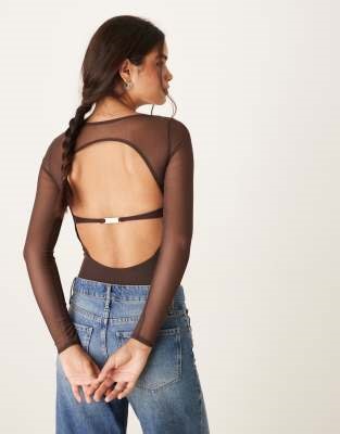 Abercrombie & Fitch long sleeve mesh bra free bodysuit in brown | ASOS
