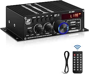 Bluetooth 5.0 Audio Power Amplifier AK-380 400W+400W 2.0 CH HiFi Stereo Amp Receiver with USB,SD,AUX,FM Antenna for Car Home Speaker Bar Party-(Without Power Adapter)