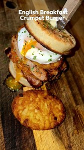 English Breakfast Crumpet Burger Triple Stack. Cumberland Sausage, Hash Brown's, Poached Egg, Between Two Salted Butter Crumpets. It's messy it's delicious. Well it is Christmas. | Gary May | Facebook