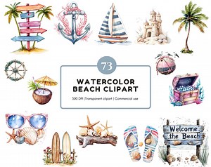 Summer Clipart Png, Beach Clipart Png Bundle, Watercolor Beach Clipart, Vacation Clipart, Ocean Png Clipart, Beach Clipart Set - Etsy