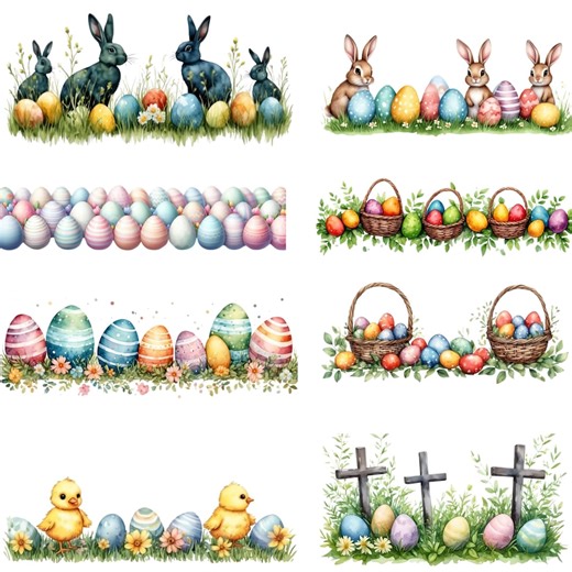 Watercolor Easter Borders Clipart, Bunnies, Chicks, Eggs (PNG, Commercial Use) - Etsy Australia